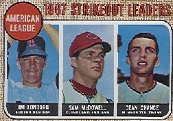 1968 Topps Baseball Cards      012      AL Strikeout Leaders-Jim Lonborg UER-(Misspelled Longberg-on card back)-Sam McDowell-Dean Chance